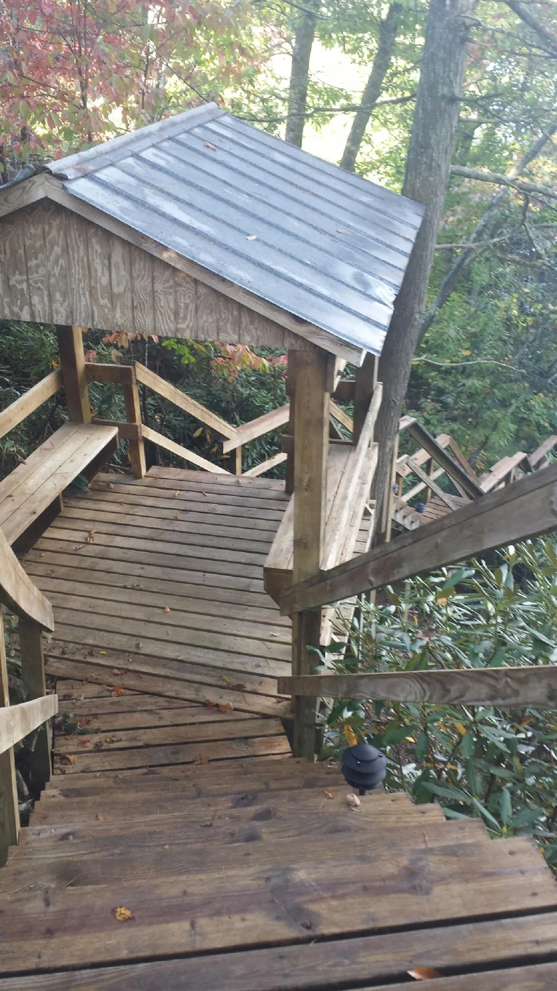 Metal roofed shelter over wooden steps on a wooded walkway — Skylight Repair & Installation work by our crew in Estill Springs